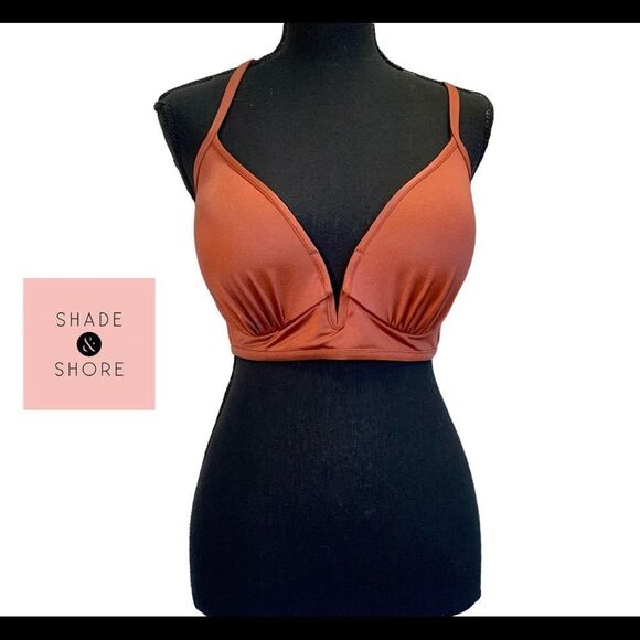 𝅺SHADE & Shore Rust Brown bronze deep V bikini top Sz 34D - Picture 1 of 7